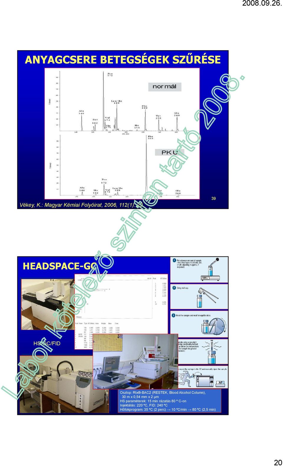 39 HEADSPACE-GC HS-GC/FID Oszlop: Rtx -BAC2 (RESTEK, Blood Alcohol Column), 30