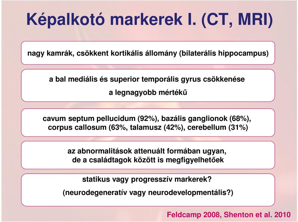 csökkenése a legnagyobb mértékű cavum septum pellucidum (92%), bazális ganglionok (68%), corpus callosum (63%, talamusz