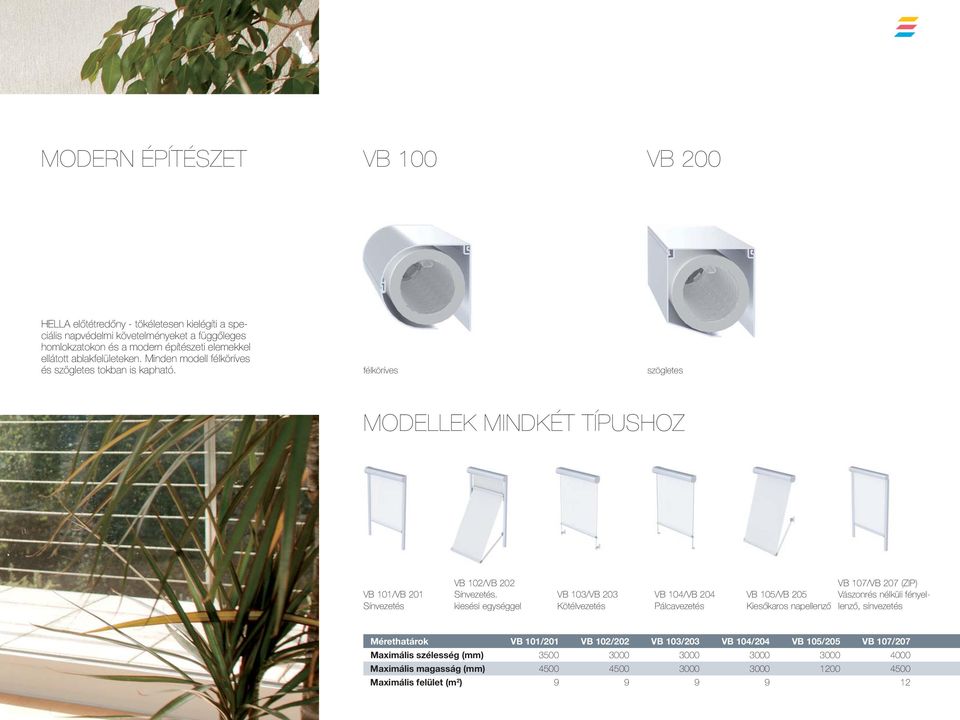 kiesési egységgel VB 103/VB 203 Kötélvezetés VB 104/VB 204 Pálcavezetés VB 105/VB 205 VB 107/VB 207 (ZIP) Vászonrés nélküli fényel- Mérethatárok VB