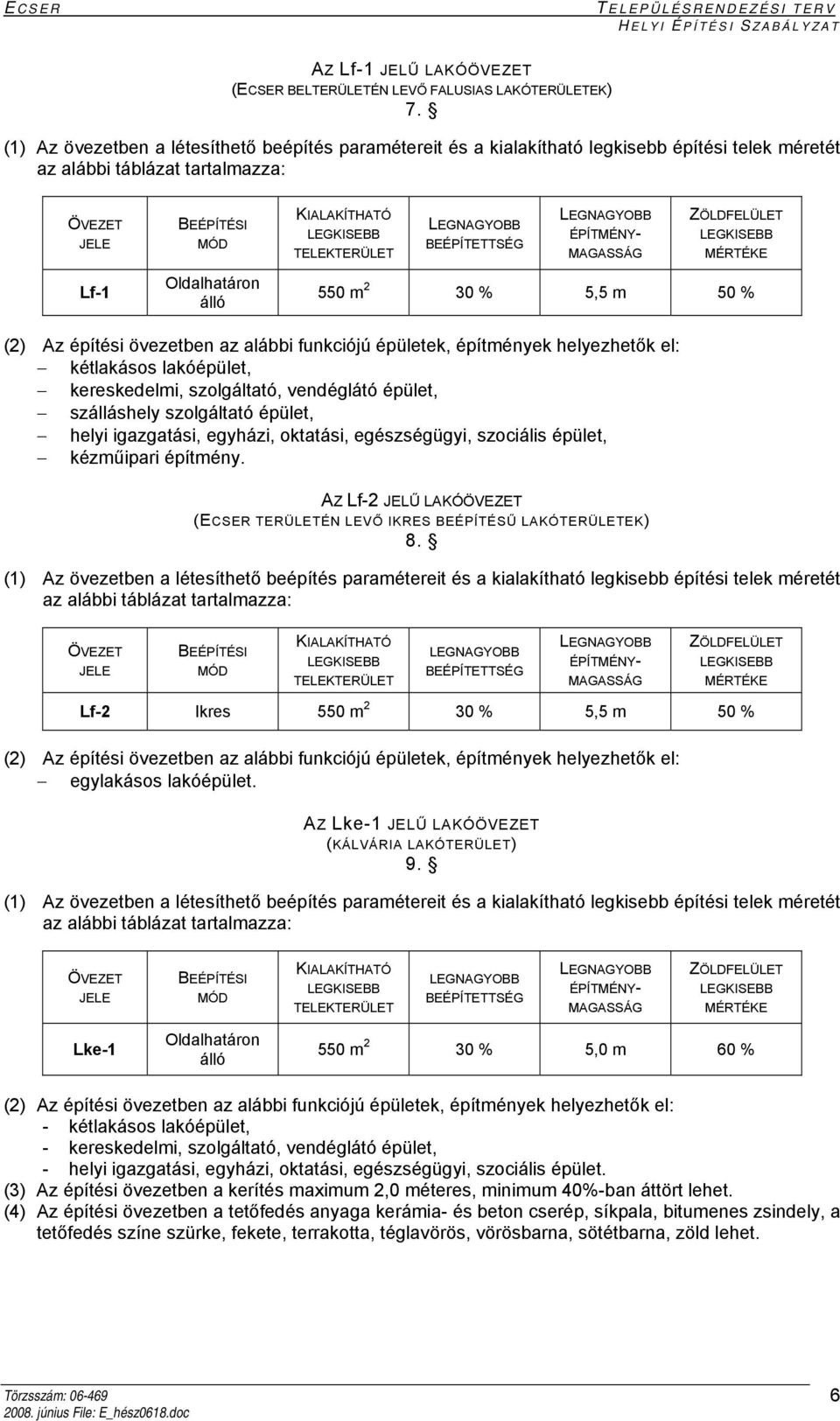 szálláshely szolgáltató épület, helyi igazgatási, egyházi, oktatási, egészségügyi, szociális épület, kézműipari építmény. AZ Lf-2 JELŰ LAKÓ (ECSER TERÜLETÉN LEVŐ IKRES BEÉPÍTÉSŰ LAKÓTERÜLETEK) 8.