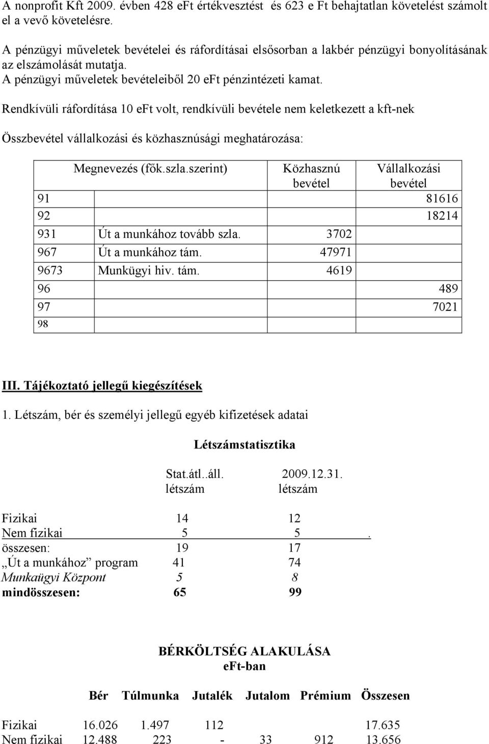 Rendkívüli ráfordítása 10 eft volt, rendkívüli bevétele nem keletkezett a kft-nek Összbevétel vállalkozási és közhasznúsági meghatározása: Megnevezés (fők.szla.