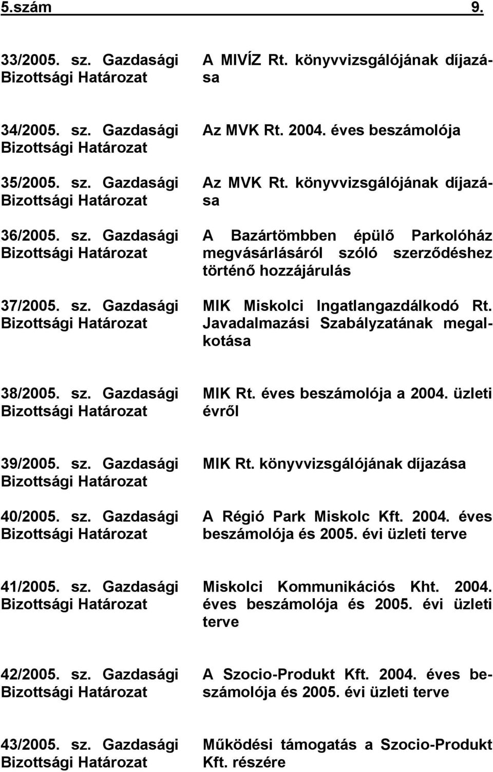 könyvvizsgálójának díjazása A Bazártömbben épülő Parkolóház megvásárlásáról szóló szerződéshez történő hozzájárulás MIK Miskolci Ingatlangazdálkodó Rt.