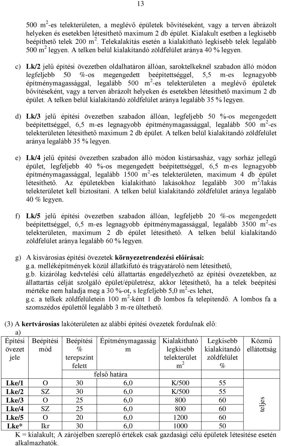 c) Lk/2 jelű építési övezetben oldalhatáron állóan, saroktelkeknél szabadon álló módon legfeljebb 50 %-os megengedett beépítettséggel, 5,5 m-es legnagyobb építménymagassággal, legalább 500 m 2 -es