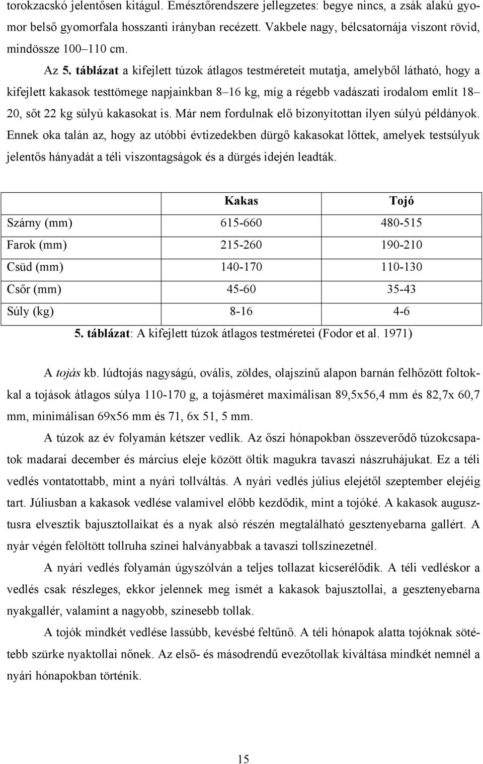 táblázat a kifejlett túzok átlagos testméreteit mutatja, amelyből látható, hogy a kifejlett kakasok testtömege napjainkban 8 16 kg, míg a régebb vadászati irodalom említ 18 20, sőt 22 kg súlyú