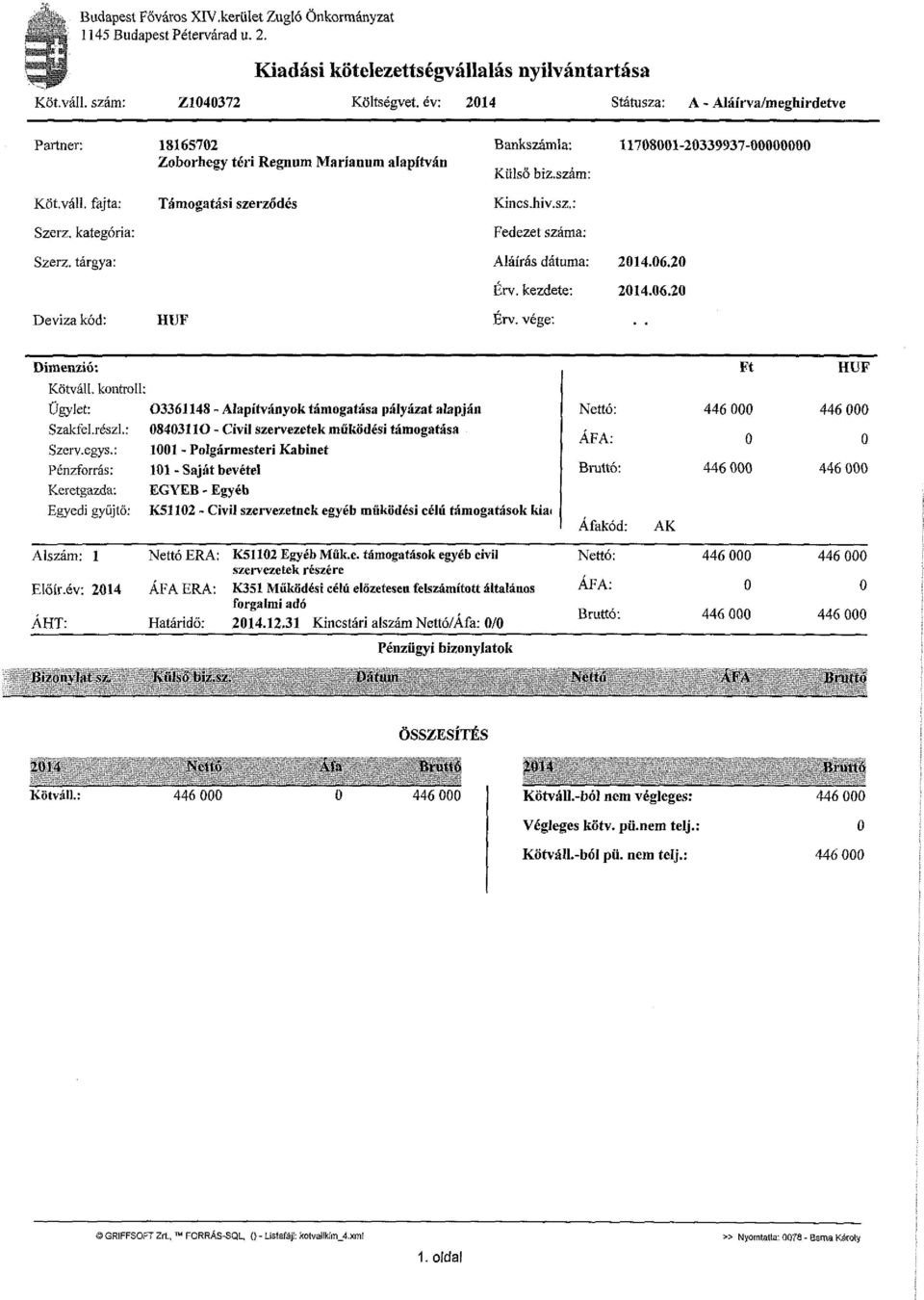 fajta: Támogatási szerződés Kincs.hiv.sz.: Szerz. kategória: Fedezet száma: Szerz. tárgya: Aláírás dátuma: 2014.06.20 Érv. kezdete: 2014.06.20 Deviza kód: HUF Érv. vége: Dimenzió: Kötváll.