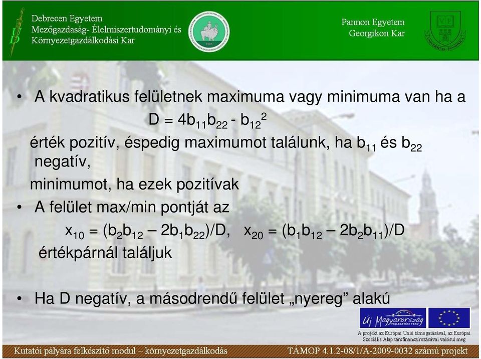 ezek pozitívak A felület max/min pontját az x 10 = (b 2 b 12 2b 1 b 22 )/D, x 20 =