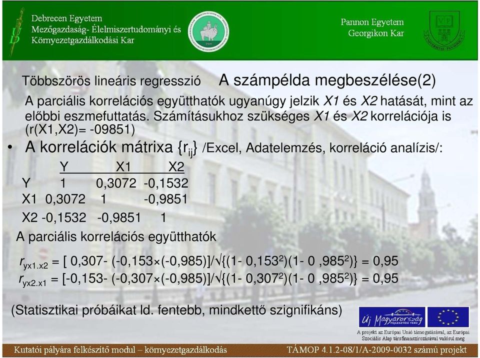 Számításukhoz szükséges X1 és X2 korrelációja is (r(x1,x2)= -09851) A korrelációk mátrixa {r ij } /Excel, Adatelemzés, korreláció analízis/: Y X1 X2 Y