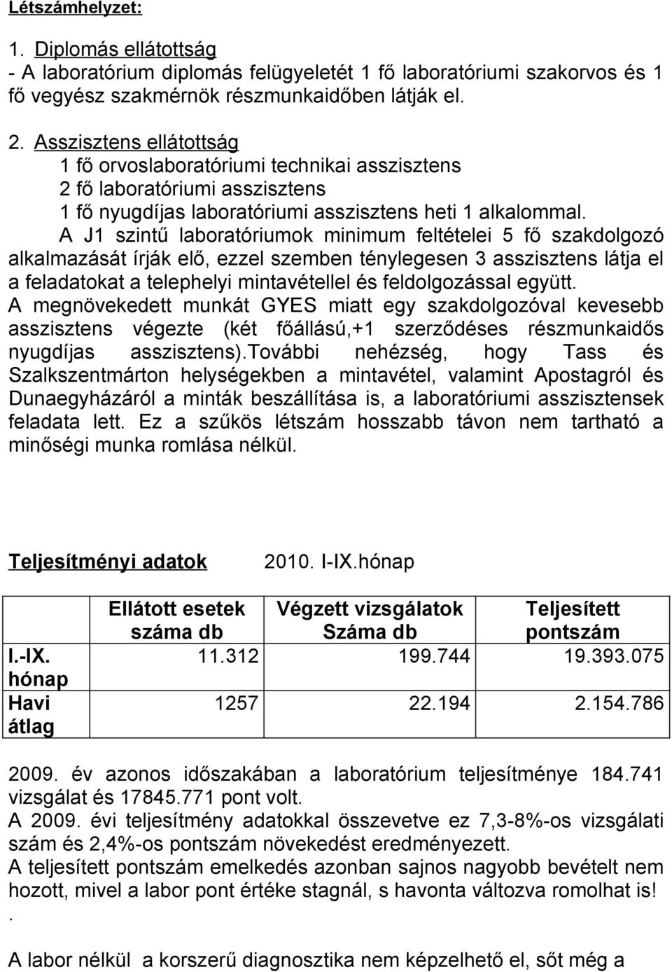 A J1 szintű laboratóriumok minimum feltételei 5 fő szakdolgozó alkalmazását írják elő, ezzel szemben ténylegesen 3 asszisztens látja el a feladatokat a telephelyi mintavétellel és feldolgozással