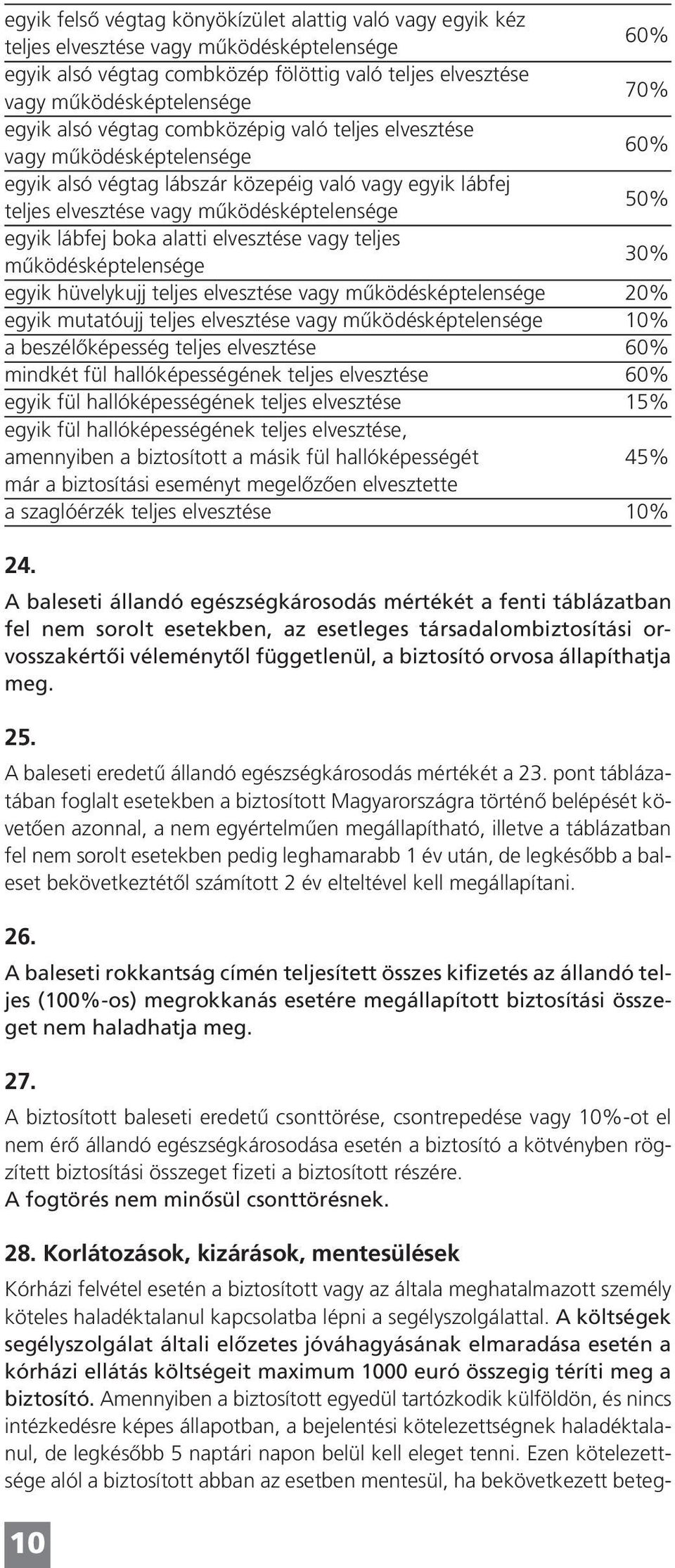 boka alatti elvesztése vagy teljes mûködésképtelensége 30% egyik hüvelykujj teljes elvesztése vagy mûködésképtelensége 20% egyik mutatóujj teljes elvesztése vagy mûködésképtelensége 10% a