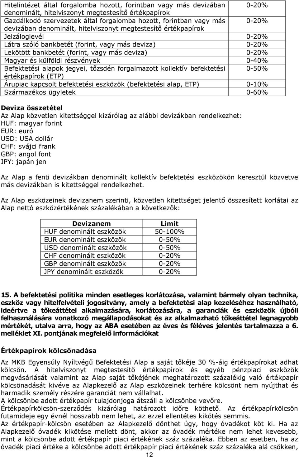 külföldi részvények 0-40% Befektetési alapok jegyei, tőzsdén forgalmazott kollektív befektetési 0-50% értékpapírok (ETP) Árupiac kapcsolt befektetési eszközök (befektetési alap, ETP) 0-10%