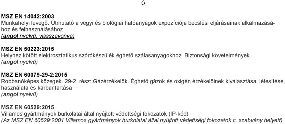 Helyhez kötött elektrosztatikus szórókészülék éghető szálasanyagokhoz. Biztonsági követelmények 6 MSZ EN 60079-29-2:2015 Robbanóképes közegek. 29-2.