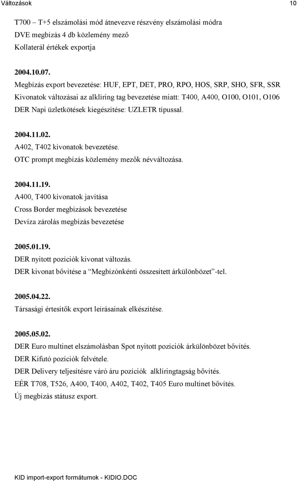 UZLETR típussal. 2004.11.02. A402, T402 kivonatok bevezetése. OTC prompt megbízás közlemény mezők névváltozása. 2004.11.19.