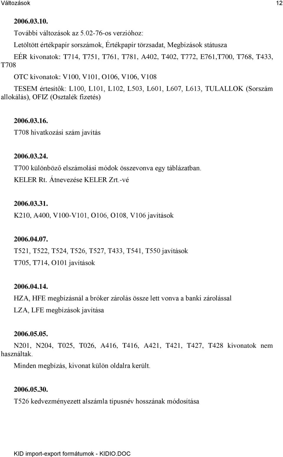 V101, O106, V106, V108 TESEM értesítők: L100, L101, L102, L503, L601, L607, L613, TULALLOK (Sorszám allokálás), OFIZ (Osztalék fizetés) 2006.03.16. T708 hivatkozási szám javítás 2006.03.24.