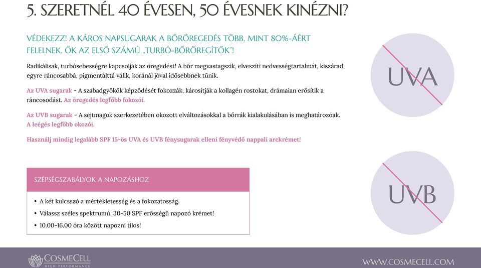 Az UVA sugarak - A szabadgyökök képződését fokozzák, károsítják a kollagén rostokat, drámaian erősítik a ráncosodást. Az öregedés legfőbb fokozói.