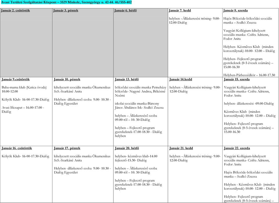 szerda Hajós Bölcsöde-bölcsődei szociális munka Szalkó Zsuzsa Vasgyári Kollégium-kihelyzett szociális munka- Czifra Adrienn, Fodor Anita Helyben- Kézműves Klub (minden korosztálynak)-10.00-12.