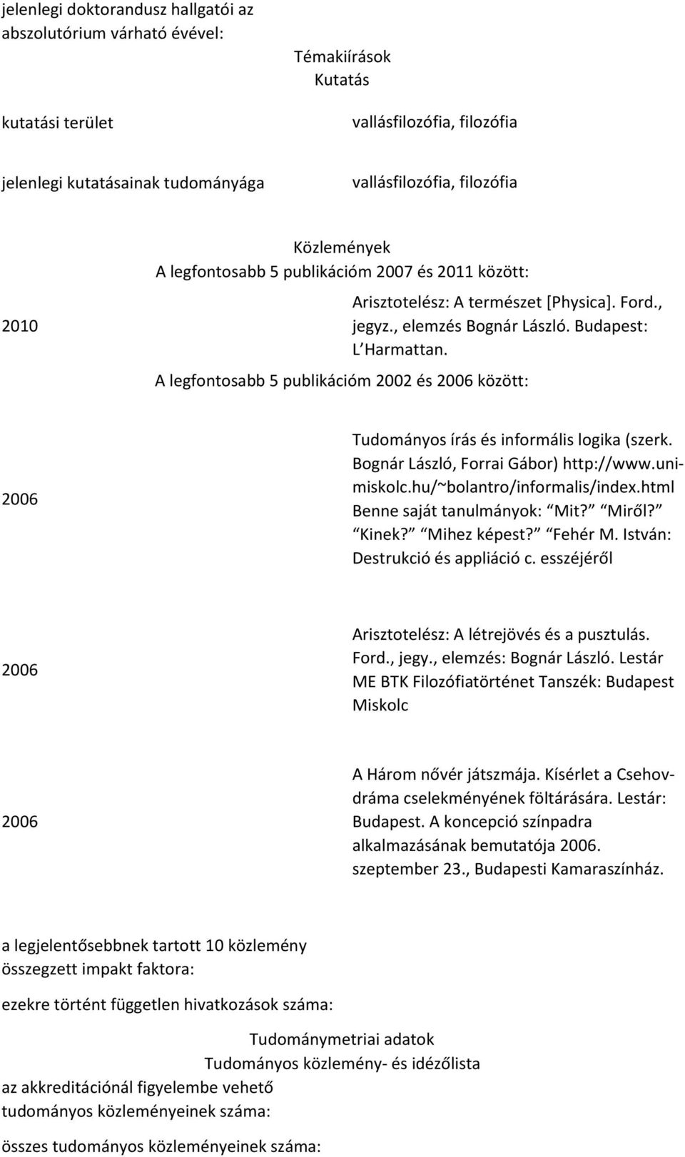 A legfontosabb 5 publikációm 2002 és 2006 között: 2006 Tudományos írás és informális logika (szerk. Bognár László, Forrai Gábor) http://www.unimiskolc.hu/~bolantro/informalis/index.