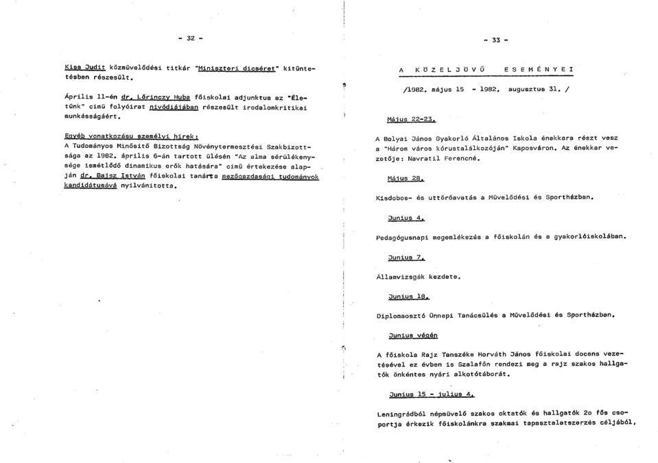 / Máius 22-23. Egyéb vonatkozású személyi hirek : A Tudományos Minősitő Bizottság Növénytermesztési Szakbizottsága az 1982.