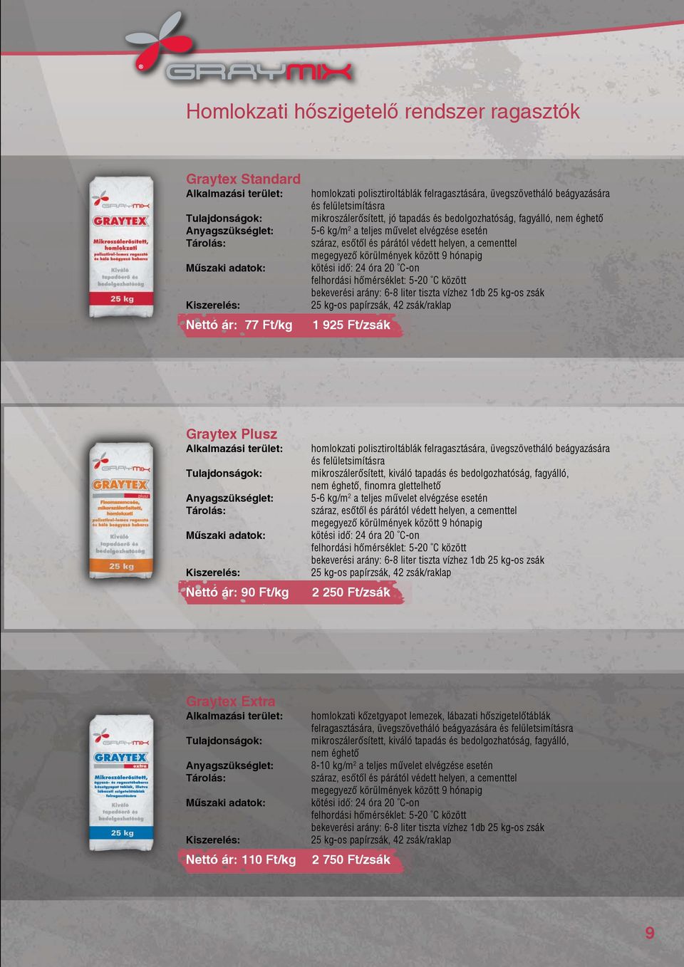 9 hónapig kötési idõ: 24 óra 20 C-on bekeverési arány: 6-8 liter tiszta vízhez 1db 25 kg-os zsák 25 kg-os papírzsák, 42 zsák/raklap 1 925 Ft/zsák Graytex Plusz Tárolás: Nettó ár: 90 Ft/kg homlokzati