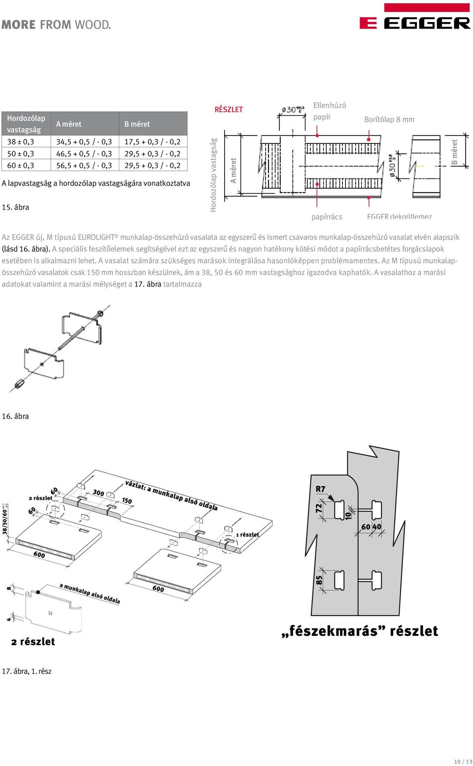 ábra Hordozólap vastagság A méret papírrács EGGER dekoritlemez B méret Az EGGER új, M típusú EUROLIGHT munkalap-összehúzó vasalata az egyszerű és ismert csavaros munkalap-összehúzó vasalat elvén
