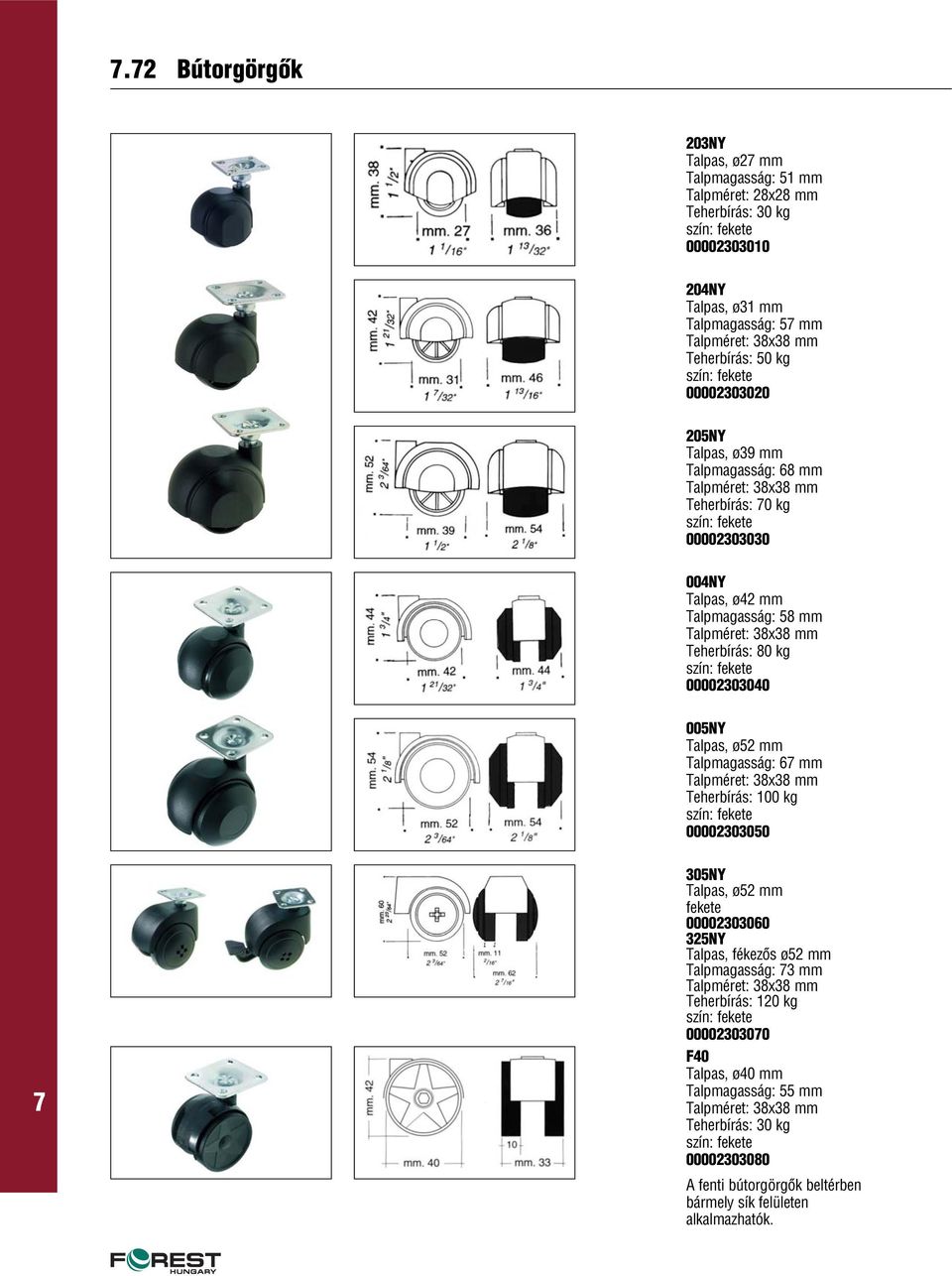 00002303040 005NY Talpas, ø52 mm Talpmagasság: 6 mm Teherbírás: 100 kg 00002303050 305NY Talpas, ø52 mm fekete 00002303060 325NY Talpas, fékezôs ø52