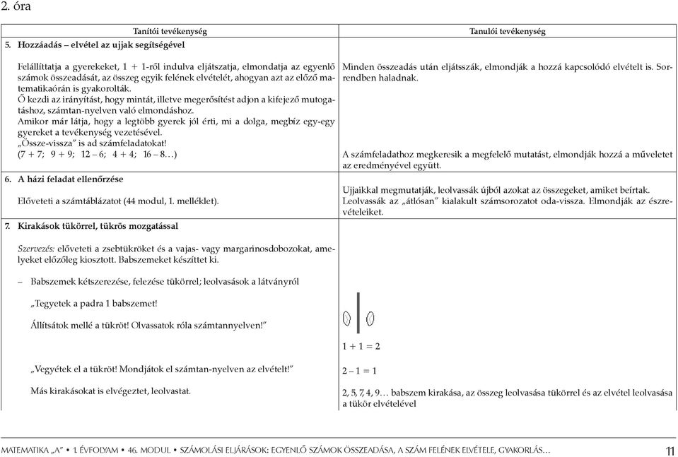 ahogyan azt az előző matematikaórán is gyakorolták. Ő kezdi az irányítást, hogy mintát, illetve megerősítést adjon a kifejező mutogatáshoz, számtan-nyelven való elmondáshoz.