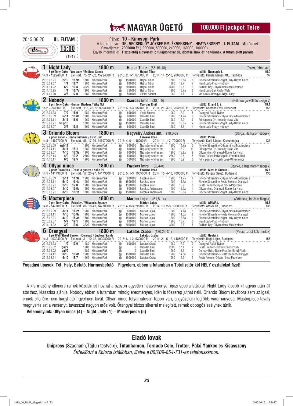 1 Night Lady 1800 m Hajnal Tibor (55,15-18) (Piros, fehér váll) 8 pk Tony Oaks - Vas Lady / Endless Sands Hajnal Tibor Istálló: Napsugár i. 15.9 14.3-15224000 Ft Élet stat.