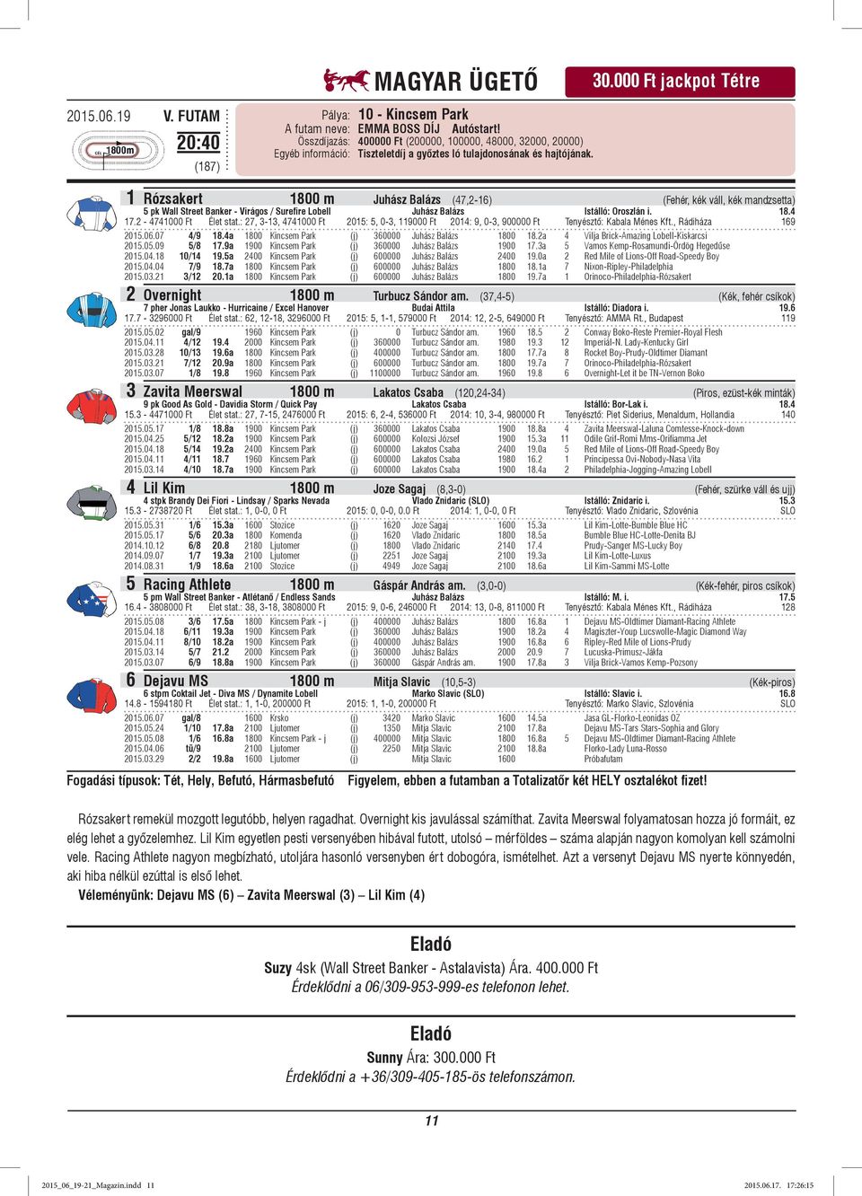 000 Ft jackpot Tétre 1 Rózsakert 1800 m Juhász Balázs (47,2-16) (Fehér, kék váll, kék mandzsetta) 5 pk Wall Street Banker - Virágos / Surefire Lobell Juhász Balázs Istálló: Oroszlán i. 18.4 17.