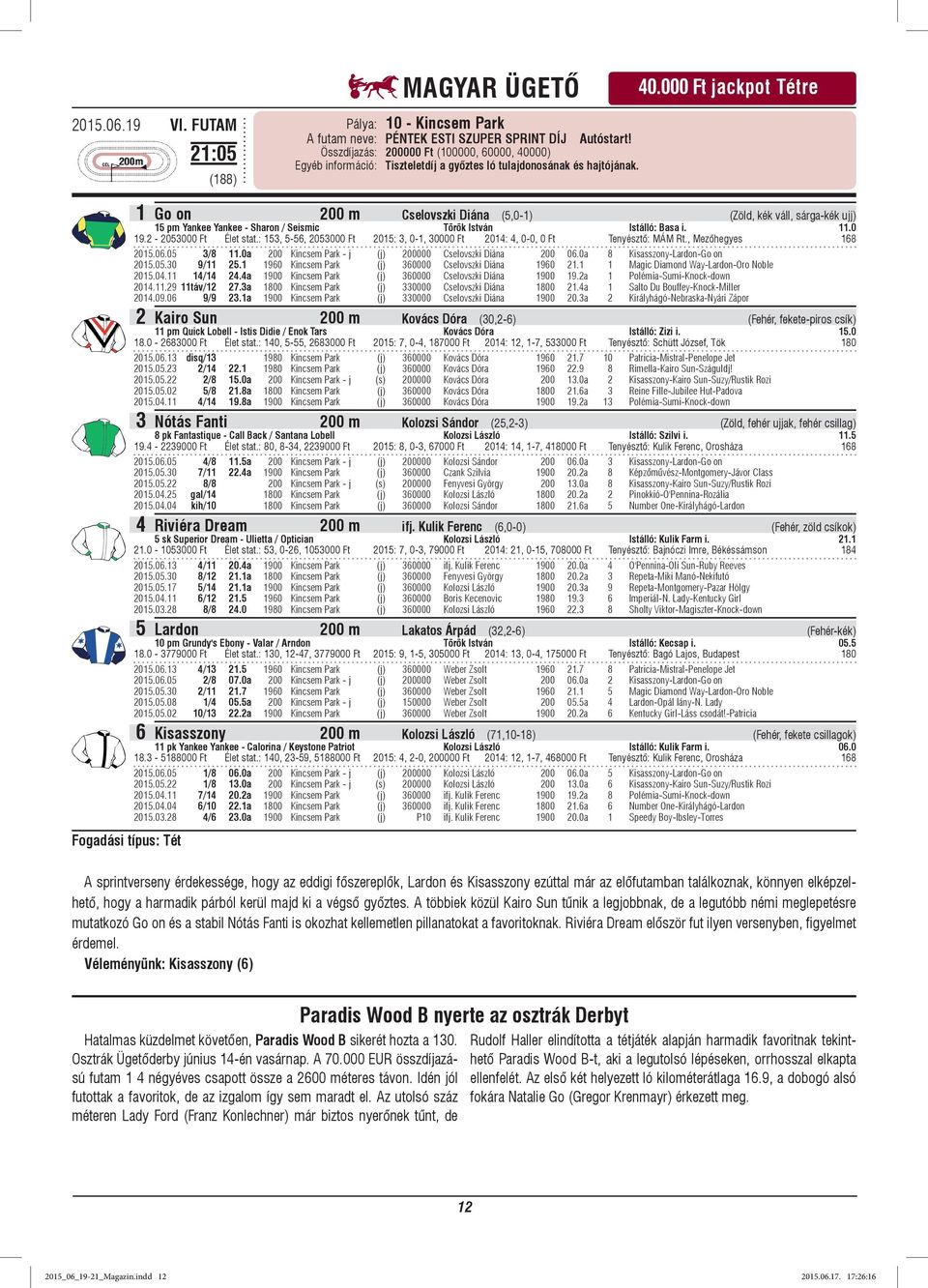 00) Egyéb információ: Tiszteletdíj a győztes ló tulajdonosának és hajtójának. 40.