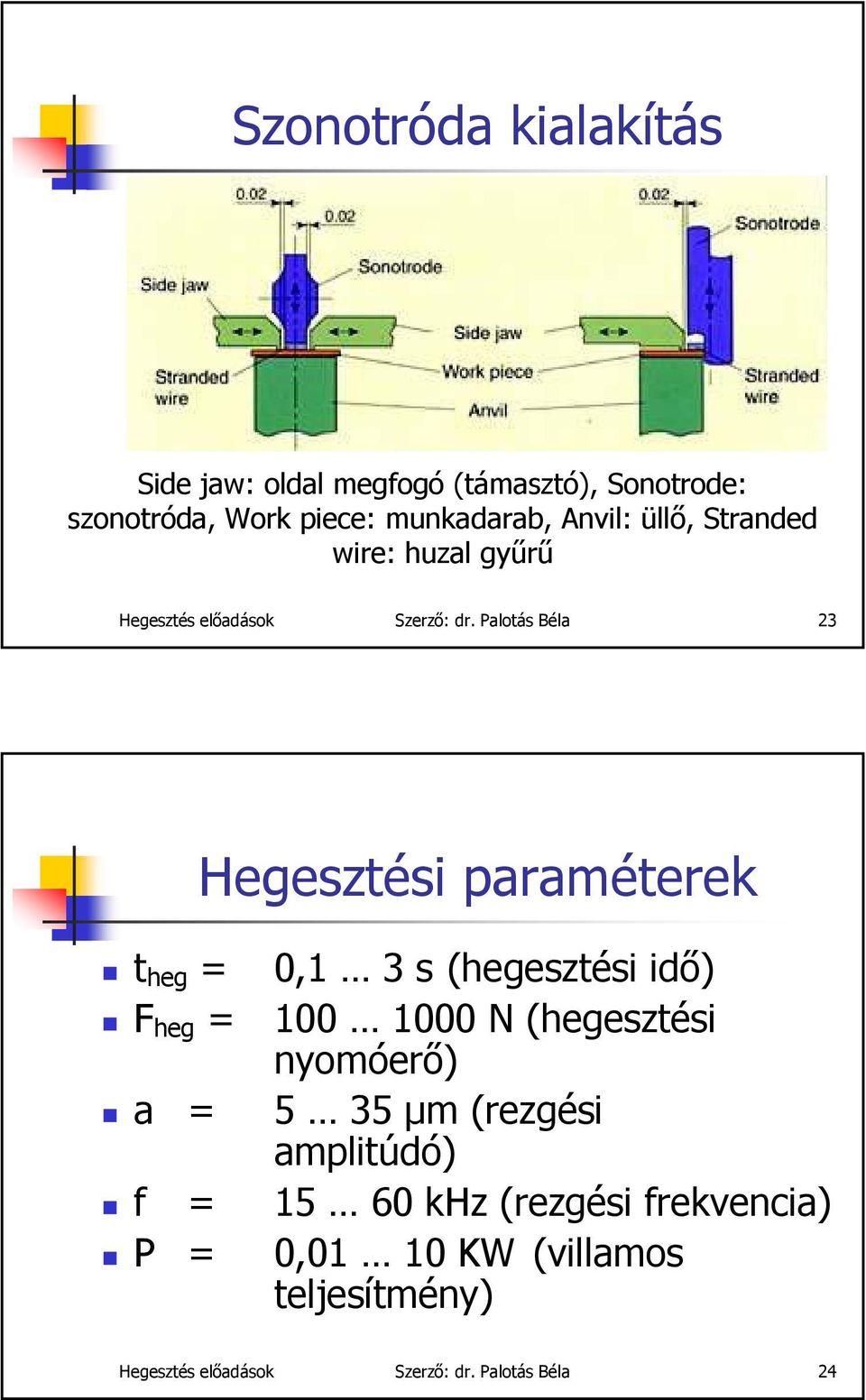 Palotás Béla 23 Hegesztési paraméterek t heg = 0,1 3 s (hegesztési idő) F heg = 100 1000 N (hegesztési