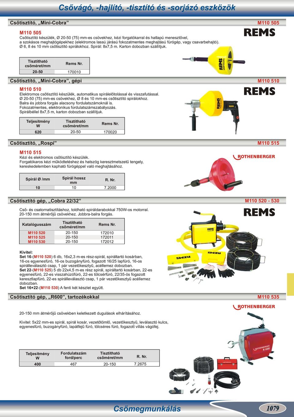 Tisztítható csőméret/ 20-50 170010 Csőtisztító, Mini-Cobra, gépi M110 510 M110 510 Elektromos csőtisztító készülék, automatikus spirálelőtolással és visszafutással.