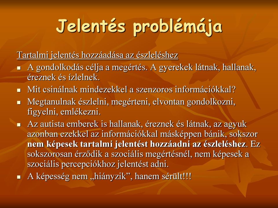 Az autista emberek is hallanak, éreznek és látnak, az agyuk azonban ezekkel az információkkal másképpen bánik, sokszor nem képesek tartalmi