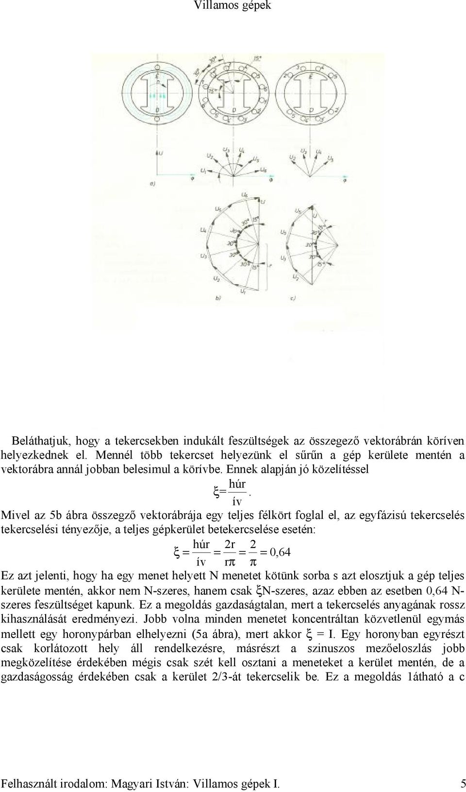 ív Mivel az 5b ábra összegző vektorábrája egy teljes félkört foglal el, az egyfázisú tekercselés tekercselési tényezője, a teljes gépkerület betekercselése esetén: húr 2r 2 ξ = = = = 0,64 ív rπ π Ez