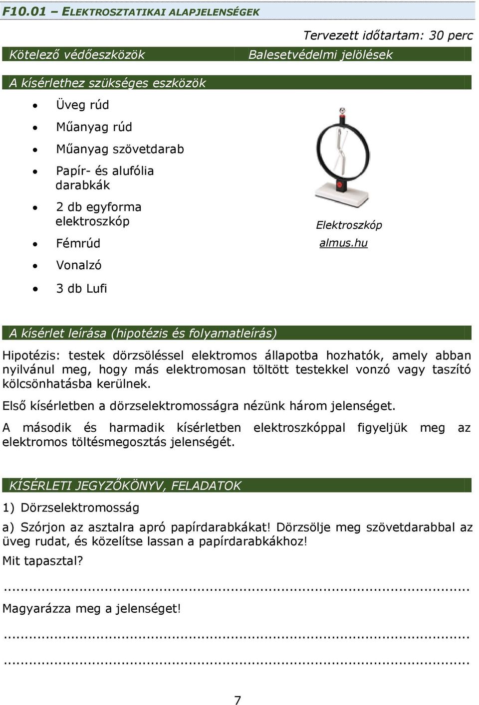 hu A kísérlet leírása (hipotézis és folyamatleírás) Hipotézis: testek dörzsöléssel elektromos állapotba hozhatók, amely abban nyilvánul meg, hogy más elektromosan töltött testekkel vonzó vagy taszító