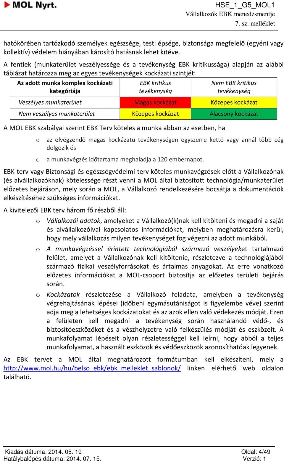 EBK kritikus tevékenység Nem EBK kritikus tevékenység Veszélyes munkaterület Magas kckázat Közepes kckázat Nem veszélyes munkaterület Közepes kckázat Alacsny kckázat A MOL EBK szabályai szerint EBK