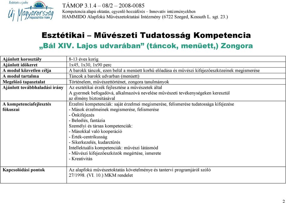 fókuszai Kapcsolódási pontok 8-13 éves korig 1x45, 1x30, 1x90 perc A barokk táncok, ezen belül a menüett korhű előadása és művészi kifejezőeszközeinek megismerése Táncok a barokk udvarban (menüett)