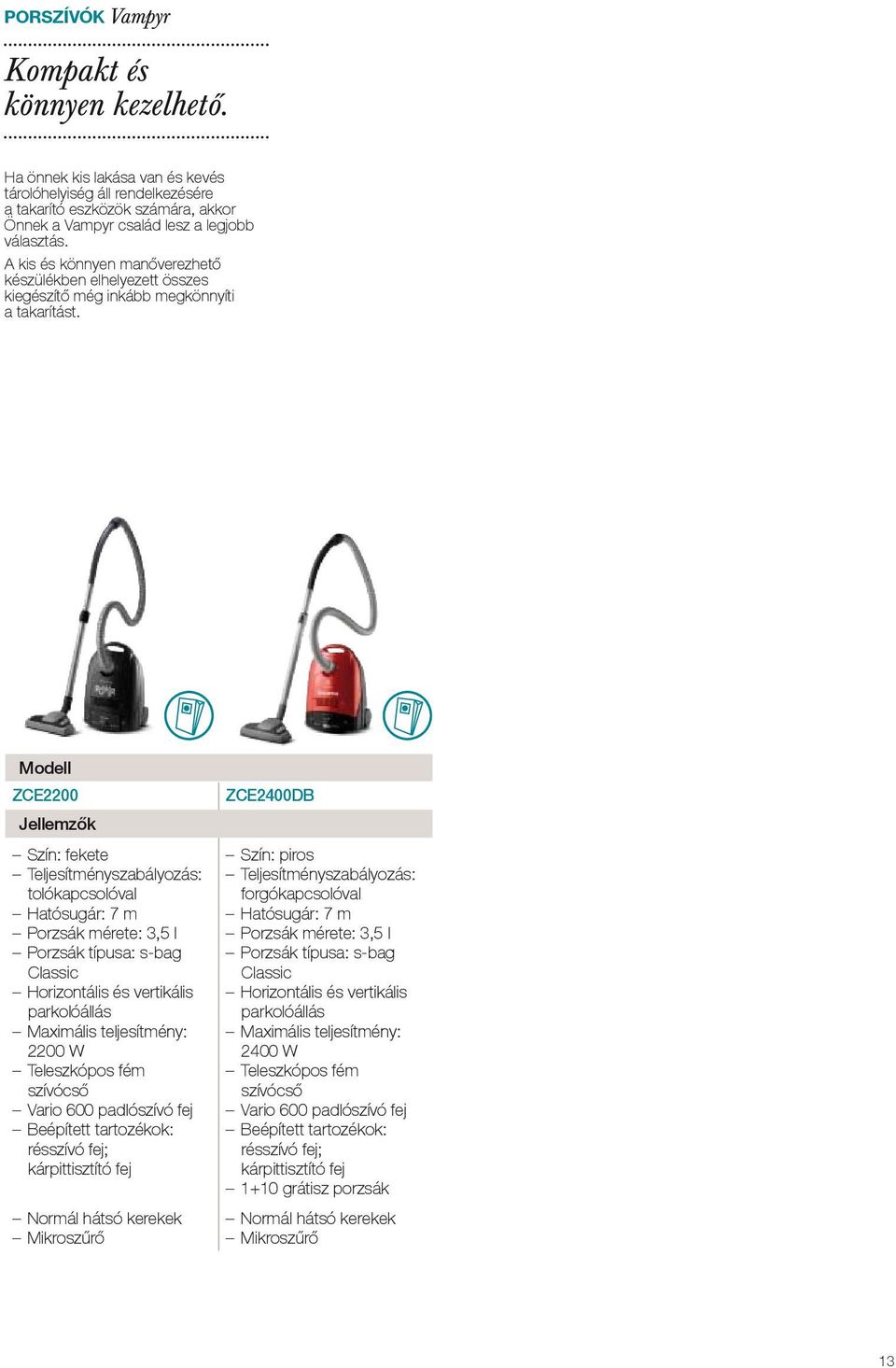 ZCE2200 Szín: fekete tolókapcsolóval Hatósugár: 7 m Porzsák mérete: 3,5 l Porzsák típusa: s-bag Classic 2200 W Teleszkópos fém szívócső Vario 600 padlószívó fej Beépített tartozékok: résszívó fej;