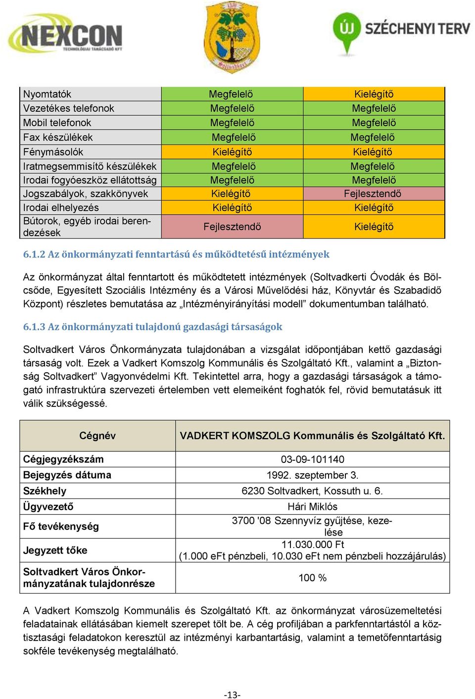 berendezések Fejlesztendő Kielégítő 6.1.