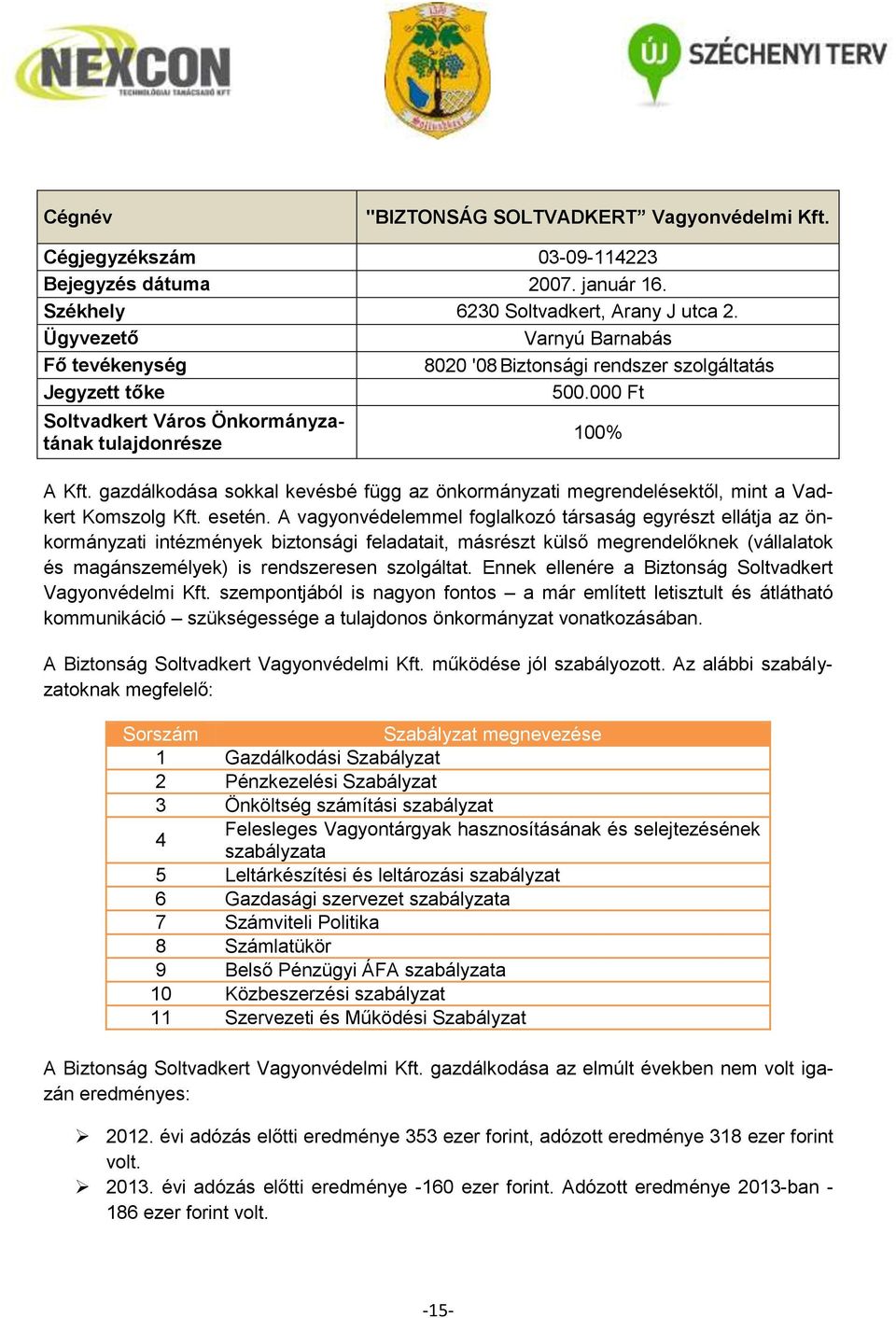 gazdálkodása sokkal kevésbé függ az önkormányzati megrendelésektől, mint a Vadkert Komszolg Kft. esetén.