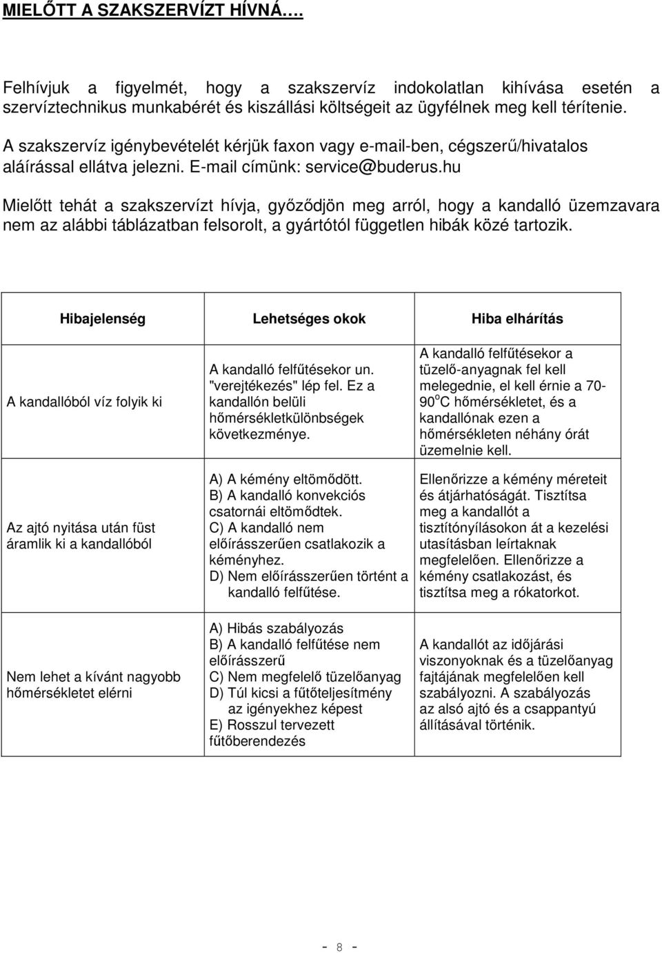 hu Mielőtt tehát a szakszervízt hívja, győződjön meg arról, hogy a kandalló üzemzavara nem az alábbi táblázatban felsorolt, a gyártótól független hibák közé tartozik.