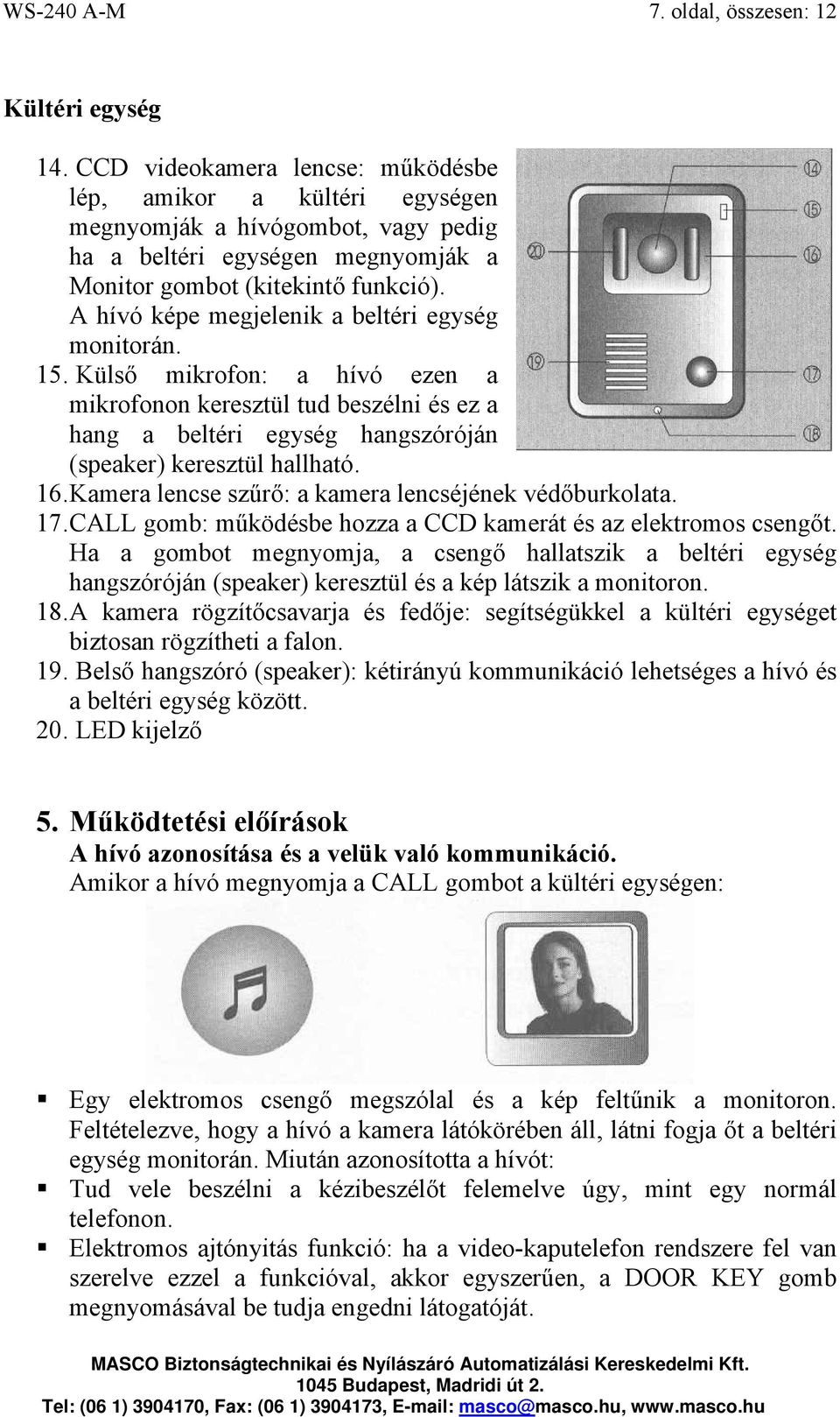 A hívó képe megjelenik a beltéri egység monitorán. 15. Külső mikrofon: a hívó ezen a mikrofonon keresztül tud beszélni és ez a hang a beltéri egység hangszóróján (speaker) keresztül hallható. 16.