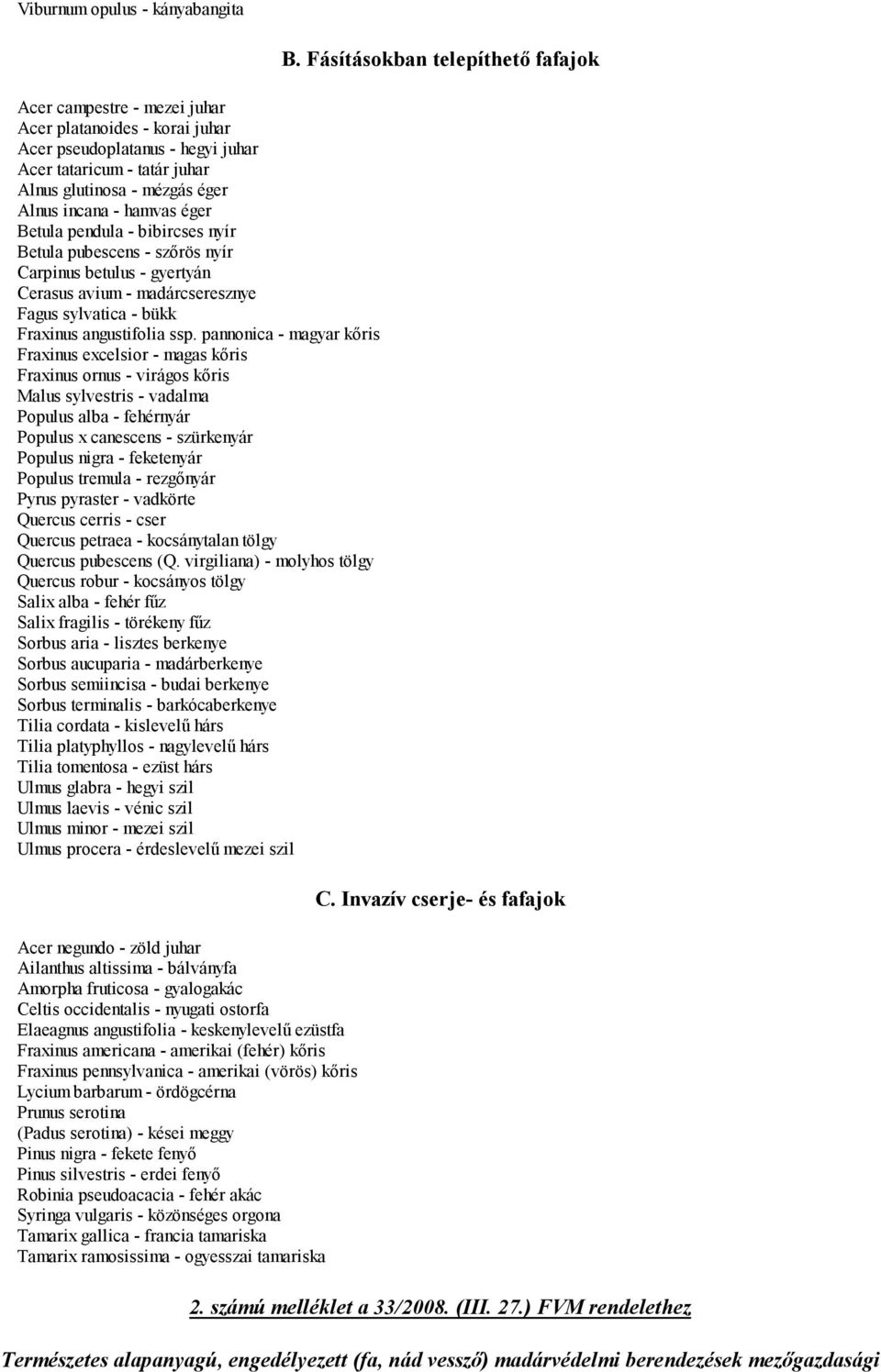 pannonica - magyar kőris Fraxinus excelsior - magas kőris Fraxinus ornus - virágos kőris Malus sylvestris - vadalma Populus alba - fehérnyár Populus x canescens - szürkenyár Populus nigra -