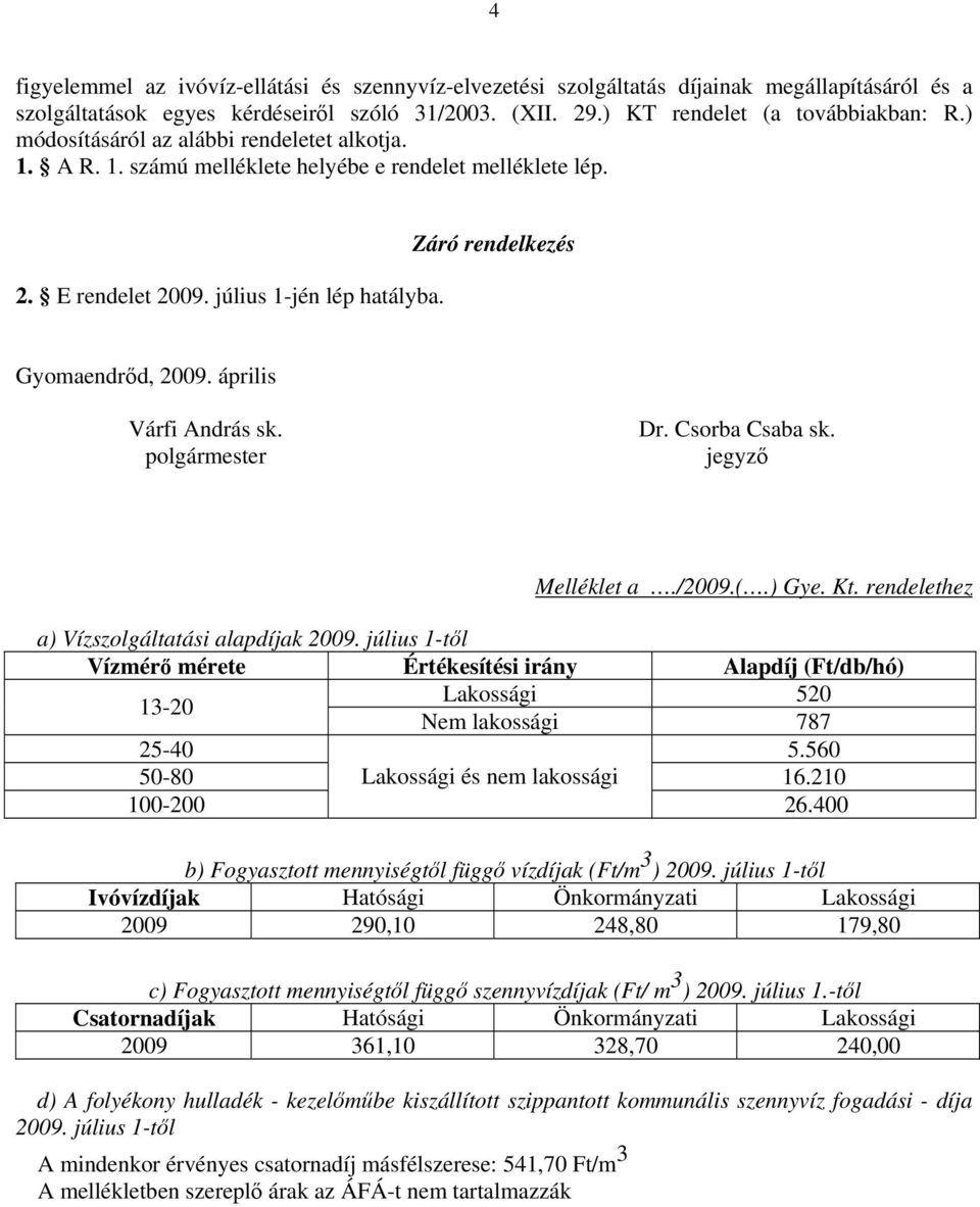 április Várfi András sk. polgármester Dr. Csorba Csaba sk. jegyző Melléklet a./2009.(.) Gye. Kt. rendelethez a) Vízszolgáltatási alapdíjak 2009.