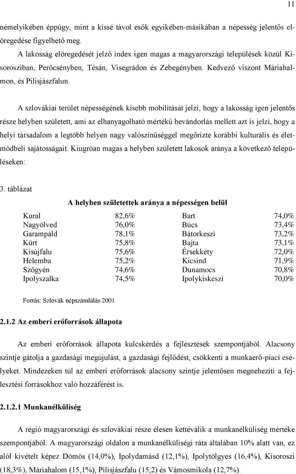 A szlovákiai terület népességének kisebb mobilitását jelzi, hogy a lakosság igen jelentős része helyben született, ami az elhanyagolható mértékű bevándorlás mellett azt is jelzi, hogy a helyi