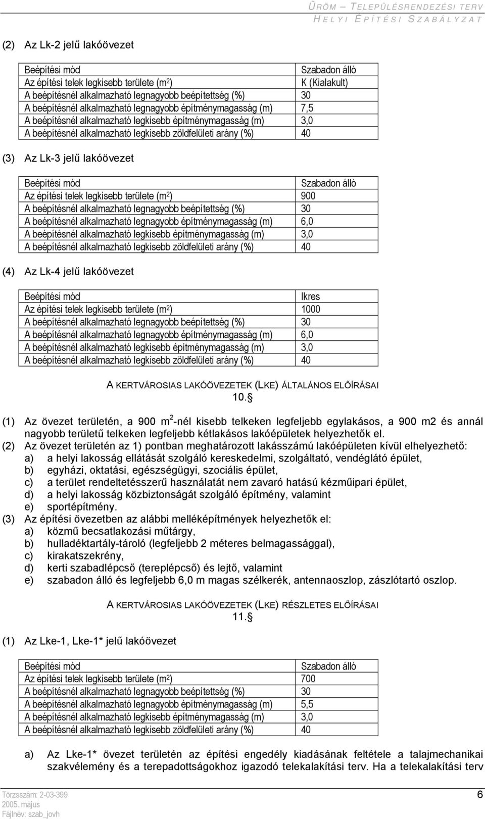 (%) 30 A beépítésnél alkalmazható legnagyobb építménymagasság (m) 6,0 A beépítésnél alkalmazható legkisebb zöldfelületi arány (%) 40 (4) Az Lk-4 jelű lakóövezet Ikres Az építési telek legkisebb