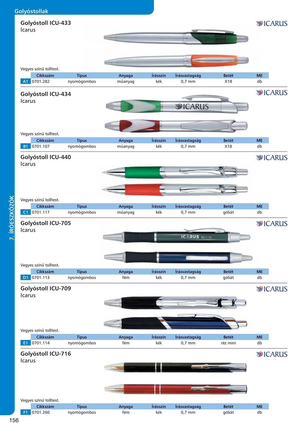 107 nyomógombos műanyag kék 0,7 mm X18 db Golyóstoll ICU-440 Icarus Vegyes színű tolltest. C1 0701.