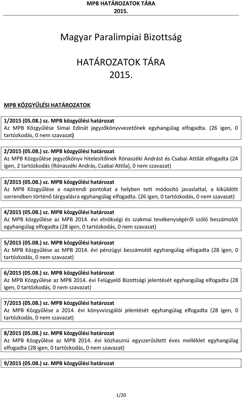 MPB közgyűlési határozat Az MPB Közgyűlése jegyzőkönyv hitelesítőinek Rónaszéki Andrást és Csabai Attilát elfogadta (24 igen, 2 tartózkodás (Rónaszéki András, Csabai Attila), 0 nem 3/2015 (05.08.) sz.