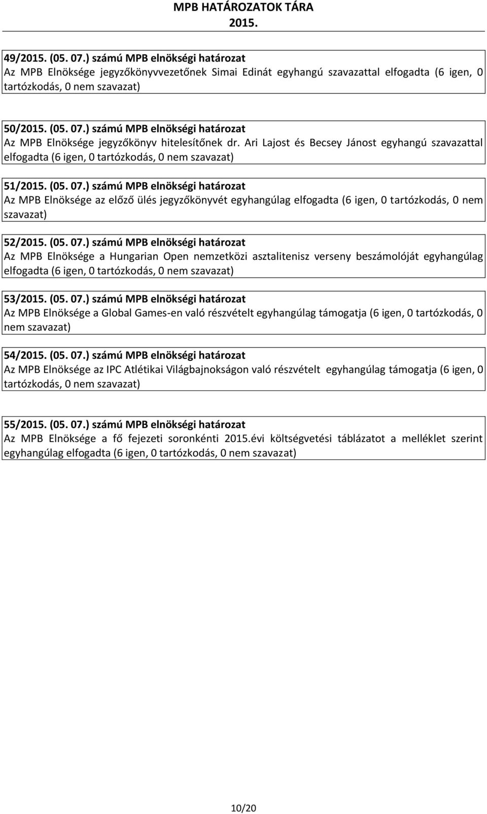 ) számú MPB elnökségi határozat Az MPB Elnöksége az előző ülés jegyzőkönyvét egyhangúlag elfogadta (6 igen, 0 tartózkodás, 0 nem 52/ (05. 07.