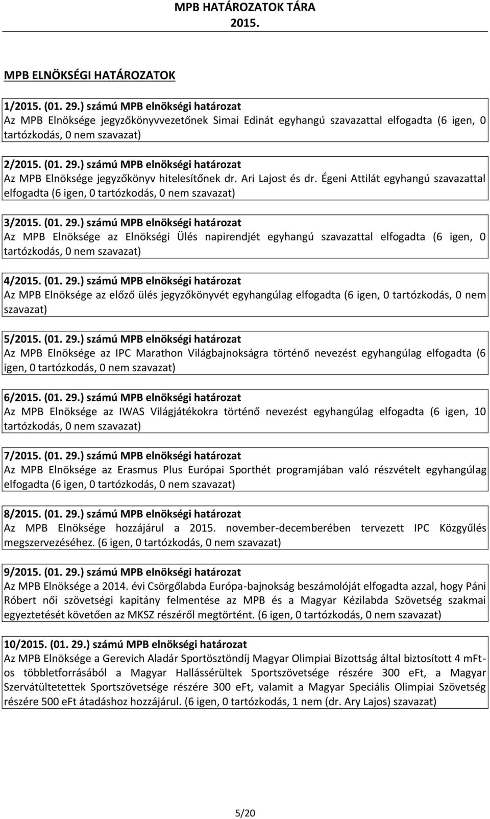 ) számú MPB elnökségi határozat Az MPB Elnöksége az Elnökségi Ülés napirendjét egyhangú szavazattal elfogadta (6 igen, 0 4/ (01. 29.