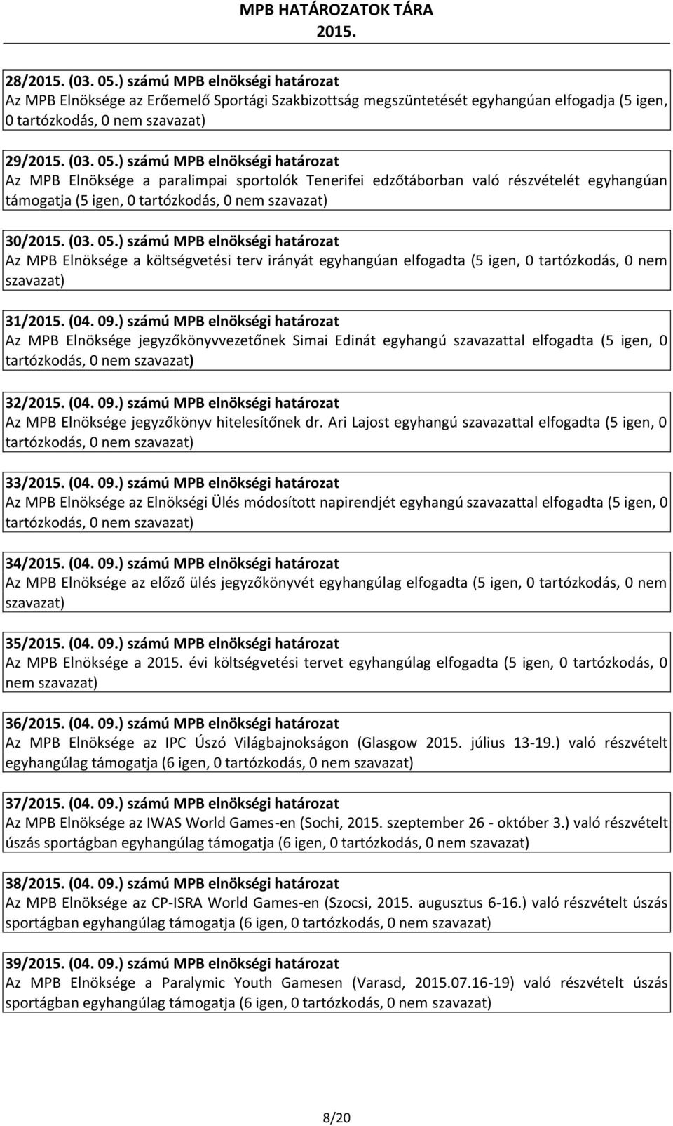 ) számú MPB elnökségi határozat Az MPB Elnöksége jegyzőkönyvvezetőnek Simai Edinát egyhangú szavazattal elfogadta (5 igen, 0 32/ (04. 09.