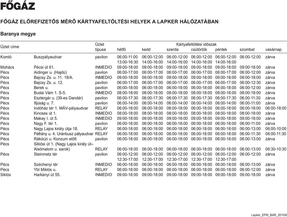 (Hajdú) pavilon 06:00-17:00 06:00-17:00 06:00-17:00 06:00-17:00 06:00-17:00 06:00-12:00 zárva Pécs Bajcsy Zs. u. 11. 18/A.